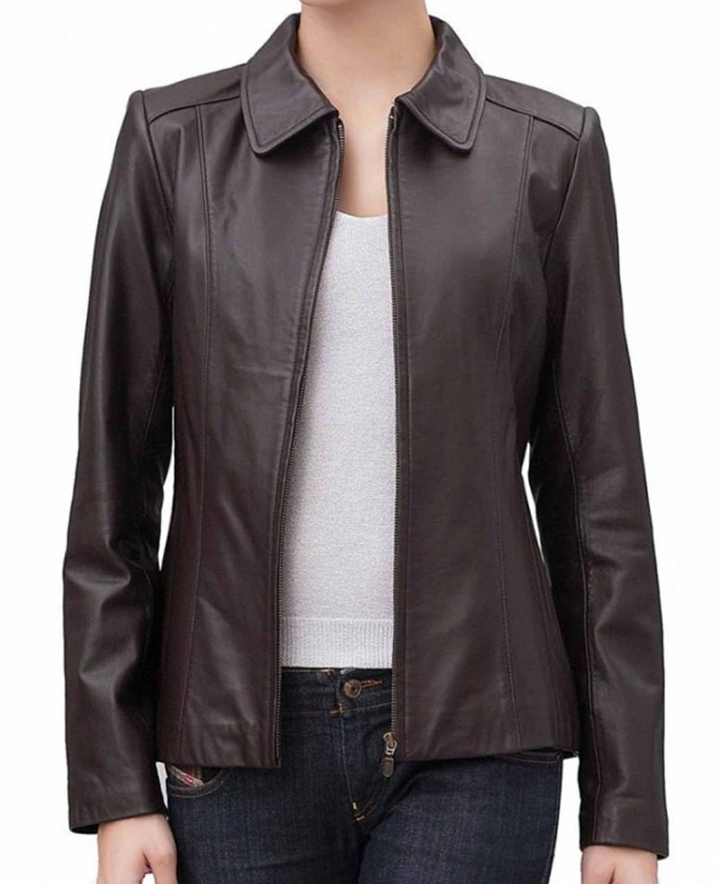 Women's Shirt Collar Casual Brown Leather Jacket Women's Shirt Collar Casual Brown Leather Jacket - Image 3