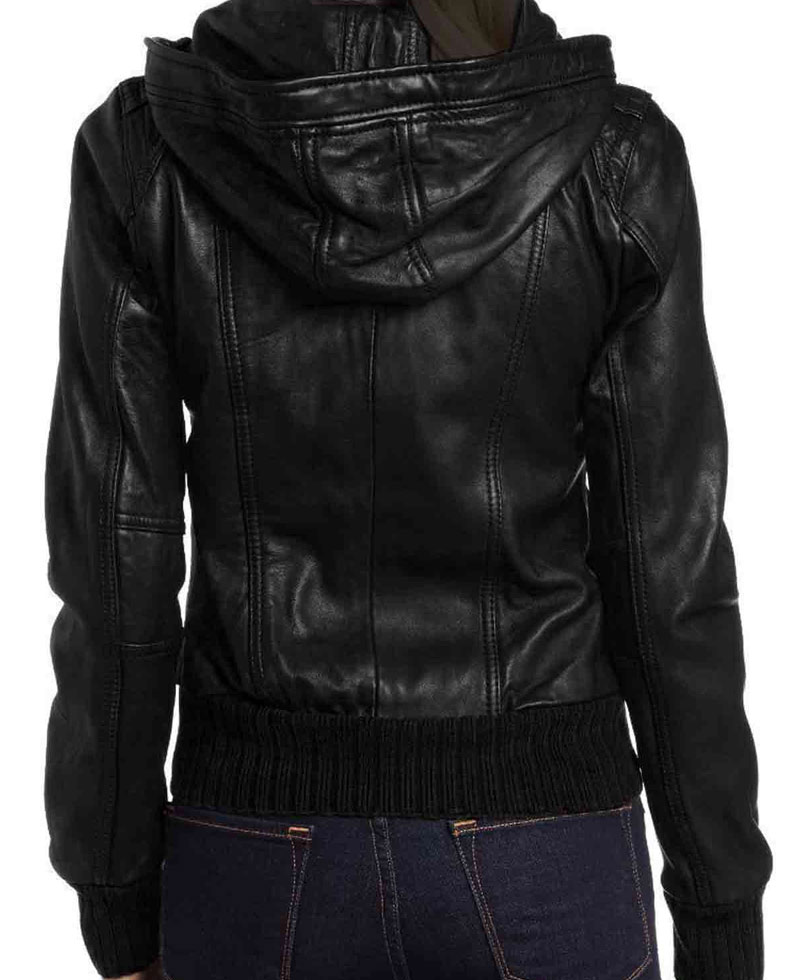 Women's Casual Bomber Black Leather Jacket with Hoodie Women's Casual Bomber Black Leather Jacket with Hoodie - Image 2