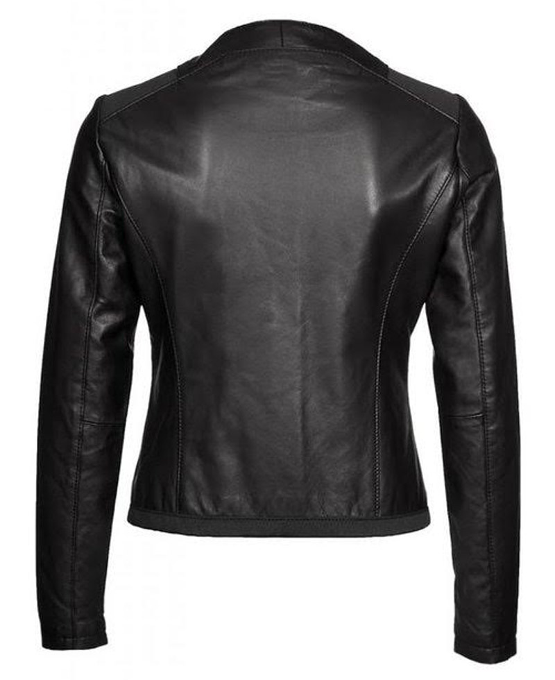 Casual Wear Collarless Black Leather Jacket for Women Casual Wear Collarless Black Leather Jacket for Women - Image 2