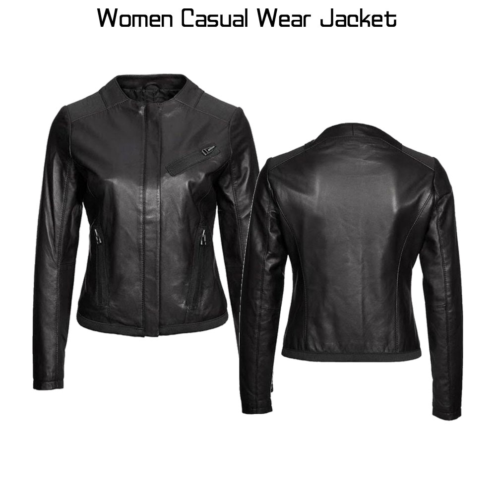 Casual Wear Collarless Black Leather Jacket for Women Casual Wear Collarless Black Leather Jacket for Women - Image 3