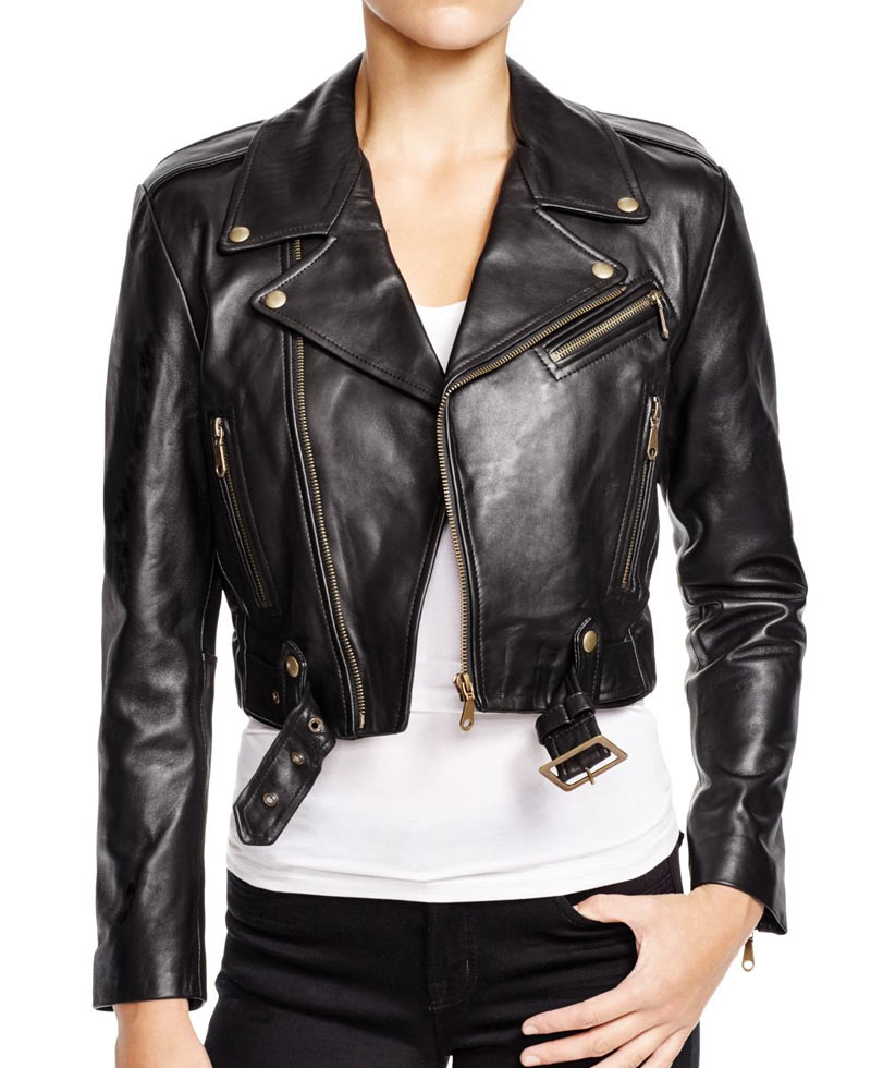 Women's Belted Black Cropped Leather Jacket
