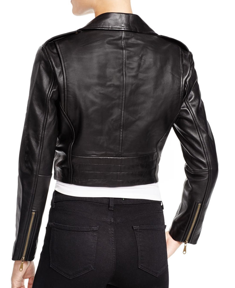 Women's Belted Black Cropped Leather Jacket Women's Belted Black Cropped Leather Jacket - Image 2