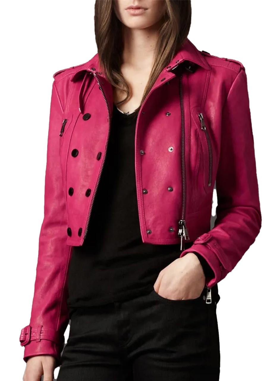 Women’s Cropped Fuchsia Pink Jacket pink leather biker jacket
