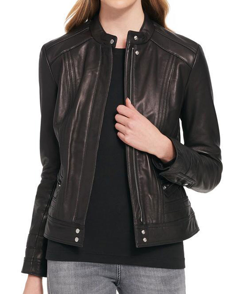 Women's Designer Black Rivet Scuba Leather Jacket Women's Designer Black Rivet Scuba Leather Jacket - Image 3