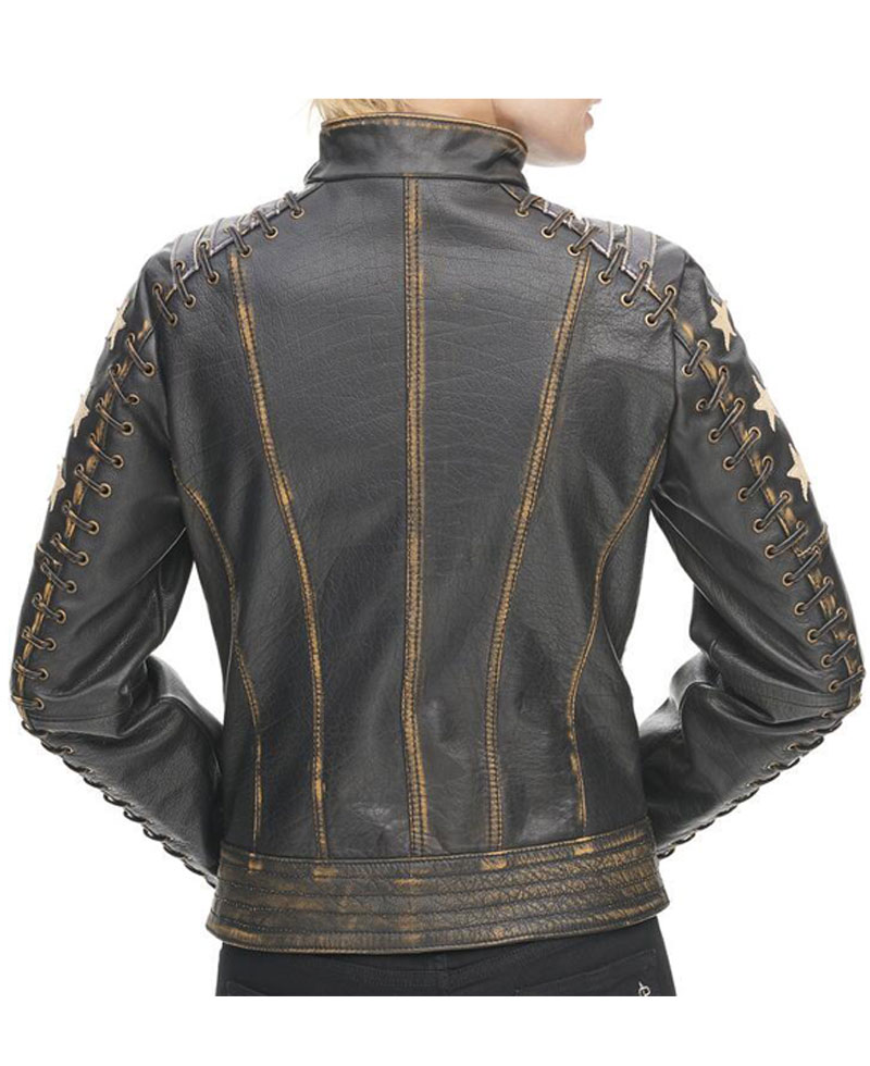 Women's Distressed Stars and Stripes Black Leather Jacket Women's Distressed Stars and Stripes Black Leather Jacket - Image 5