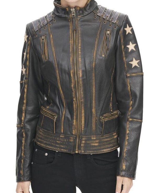 Women's Distressed Stars and Stripes Black Leather Jacket