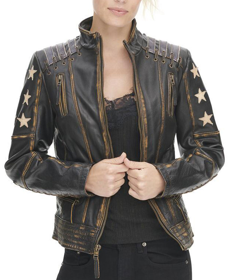 Women's Distressed Stars and Stripes Black Leather Jacket Women's Distressed Stars and Stripes Black Leather Jacket - Image 2
