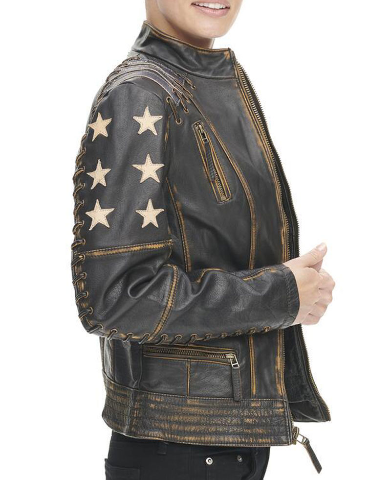 Women's Distressed Stars and Stripes Black Leather Jacket Women's Distressed Stars and Stripes Black Leather Jacket - Image 4
