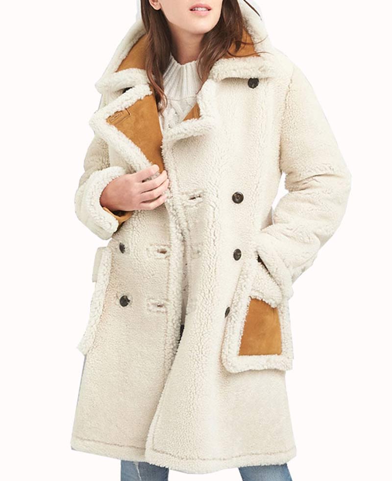 Women's Double Breasted Shearling White Coat Women's Double Breasted Shearling White Coat - Image 2