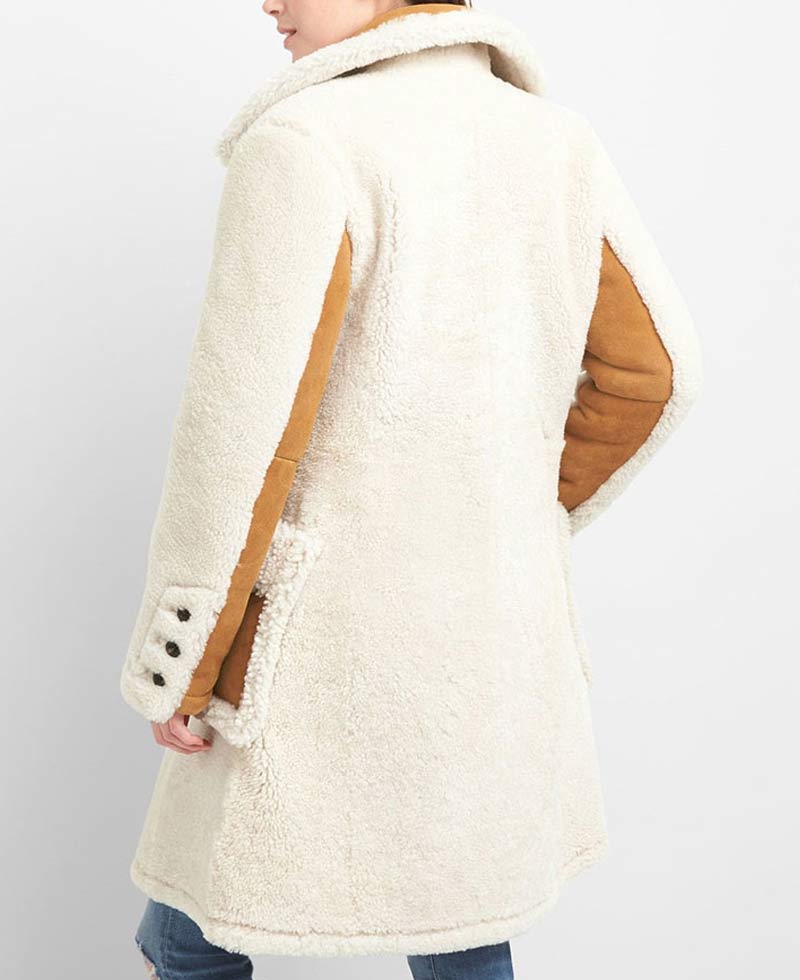 Women's Double Breasted Shearling White Coat Women's Double Breasted Shearling White Coat - Image 3