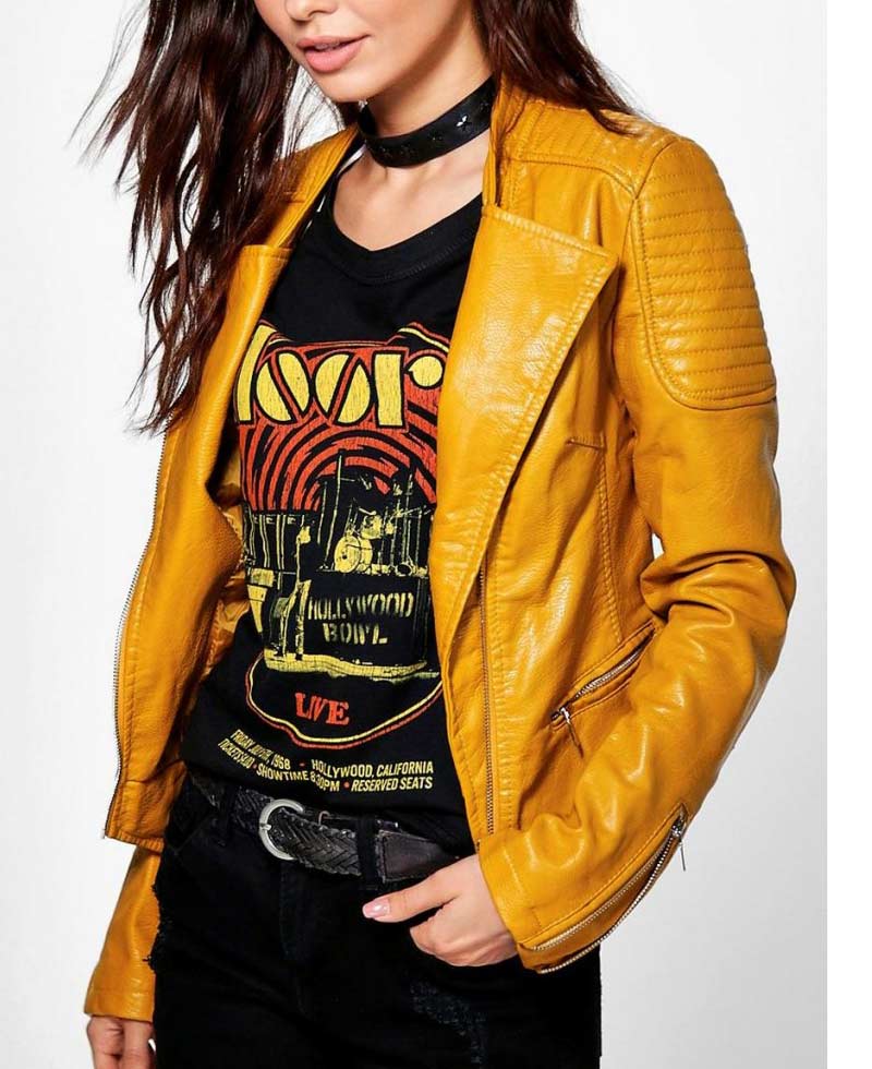 Women's El Paso Yellow Leather Biker Jacket Women's El Paso Yellow Leather Biker Jacket - Image 2