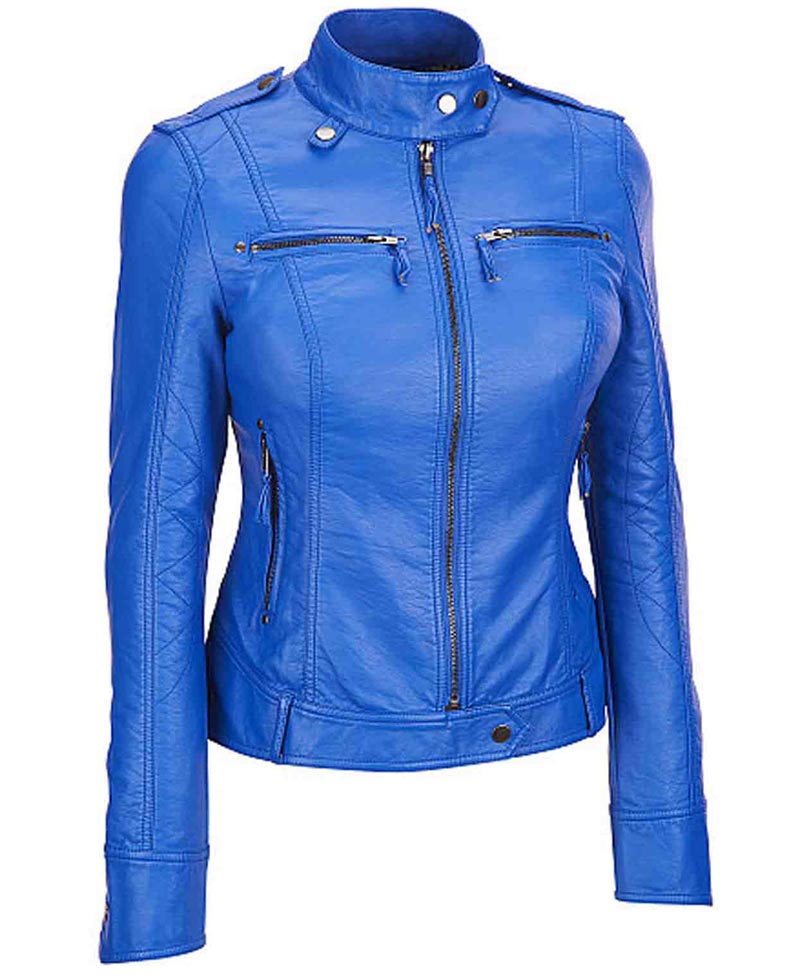 women's elegant blue leather biker jacket