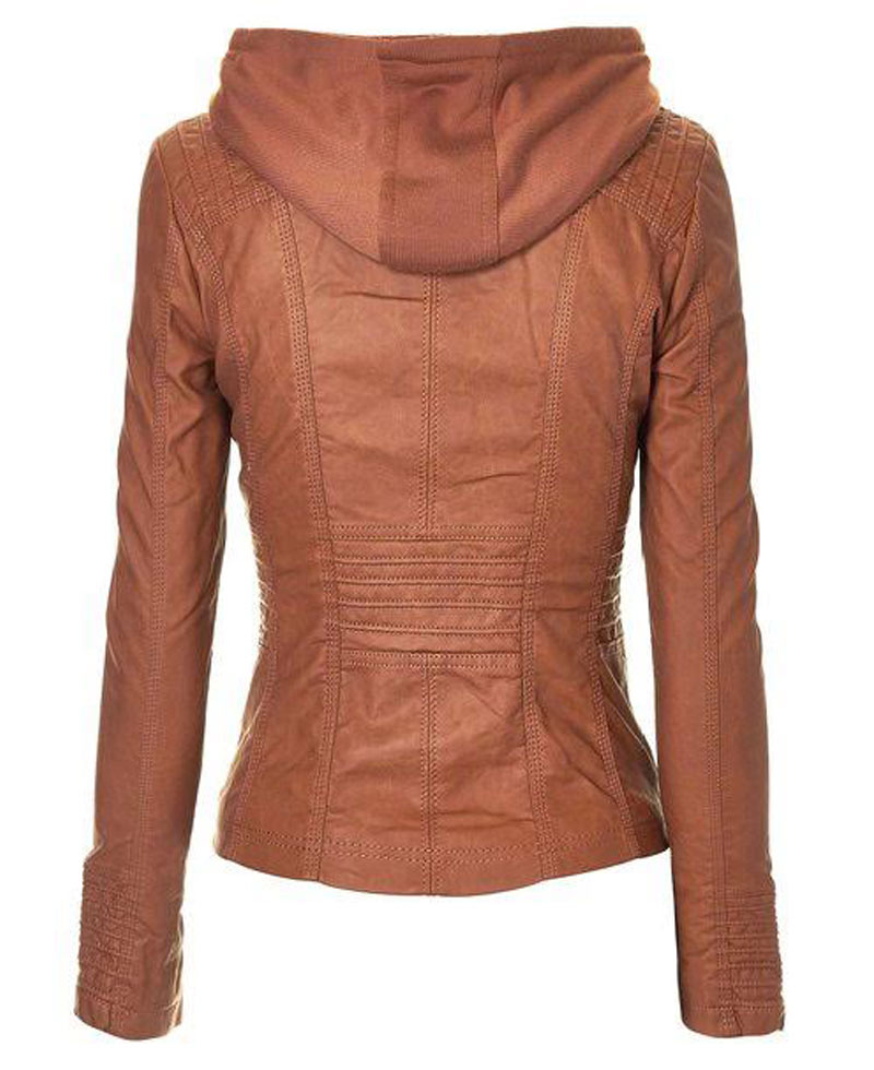 Women's Casual Wear Faux Leather Jacket with Hoodie Women's Casual Wear Faux Leather Jacket with Hoodie - Image 2