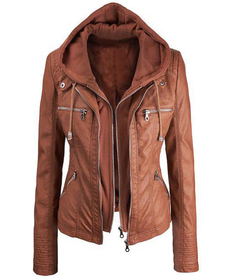 Women's Casual Wear Faux Leather Jacket with Hoodie Women's Casual Wear Faux Leather Jacket with Hoodie - Image 5