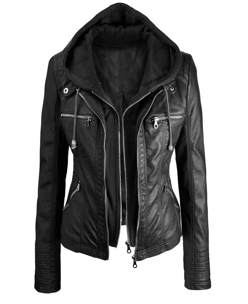 Women's Casual Wear Faux Leather Jacket with Hoodie Women's Casual Wear Faux Leather Jacket with Hoodie - Image 3