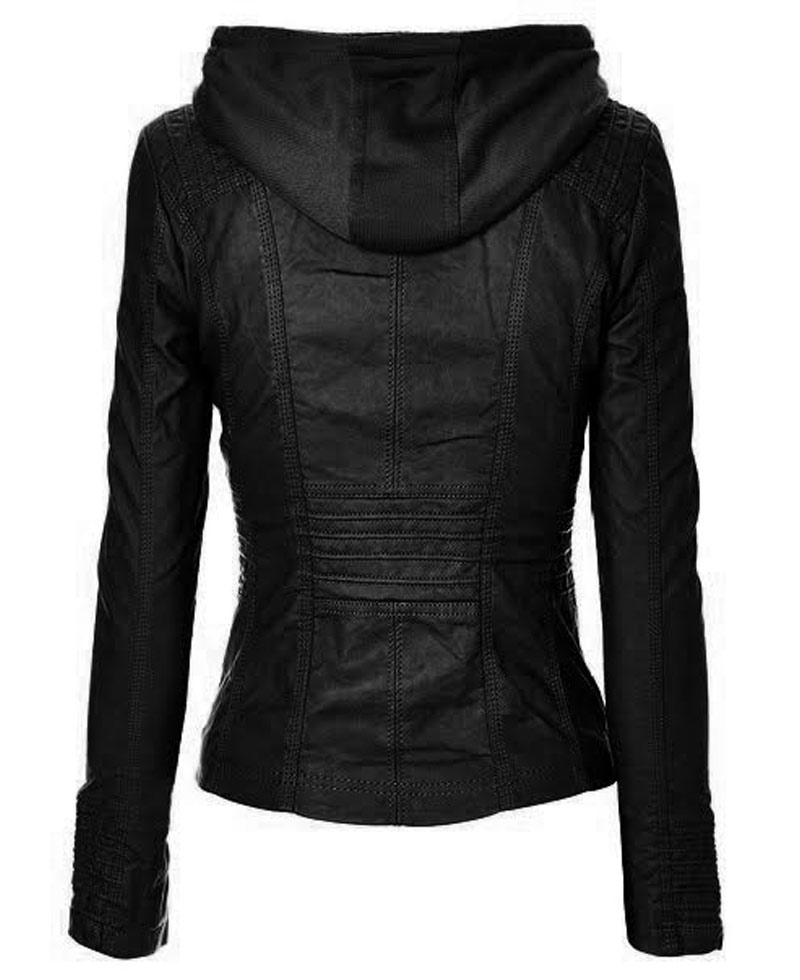 Women's Casual Wear Faux Leather Jacket with Hoodie Women's Casual Wear Faux Leather Jacket with Hoodie - Image 4