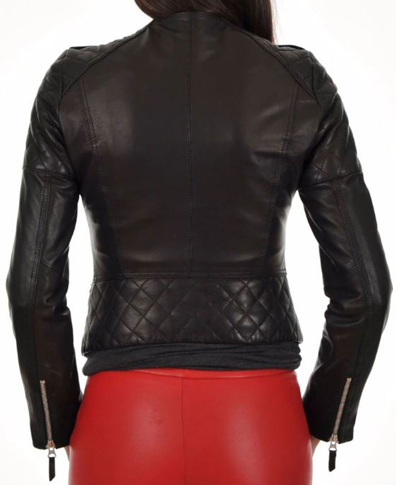 Women's FJ023 Quilted Asymmetrical Motorcycle Black Leather Jacket Women's FJ023 Quilted Asymmetrical Motorcycle Black Leather Jacket - Image 2