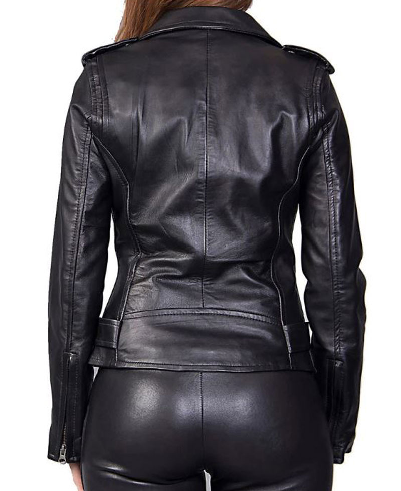 Women's FJ026 Motorcycle Asymmetrical Belted Black Leather Jacket Women's FJ026 Motorcycle Asymmetrical Belted Black Leather Jacket - Image 2