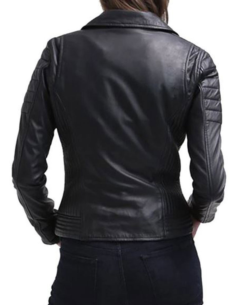 Women's FJ029 Motorcycle Zipper Pockets Black Leather Jacket Women's FJ029 Motorcycle Zipper Pockets Black Leather Jacket - Image 2
