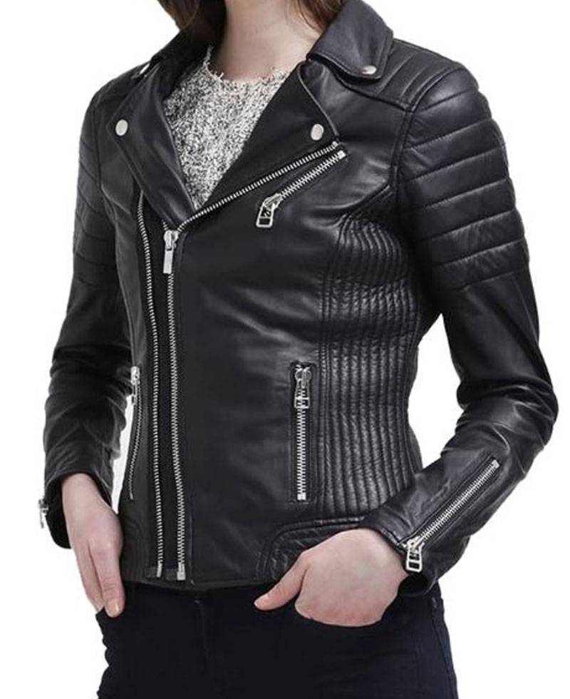 Women's FJ029 Motorcycle Zipper Pockets Black Leather Jacket
