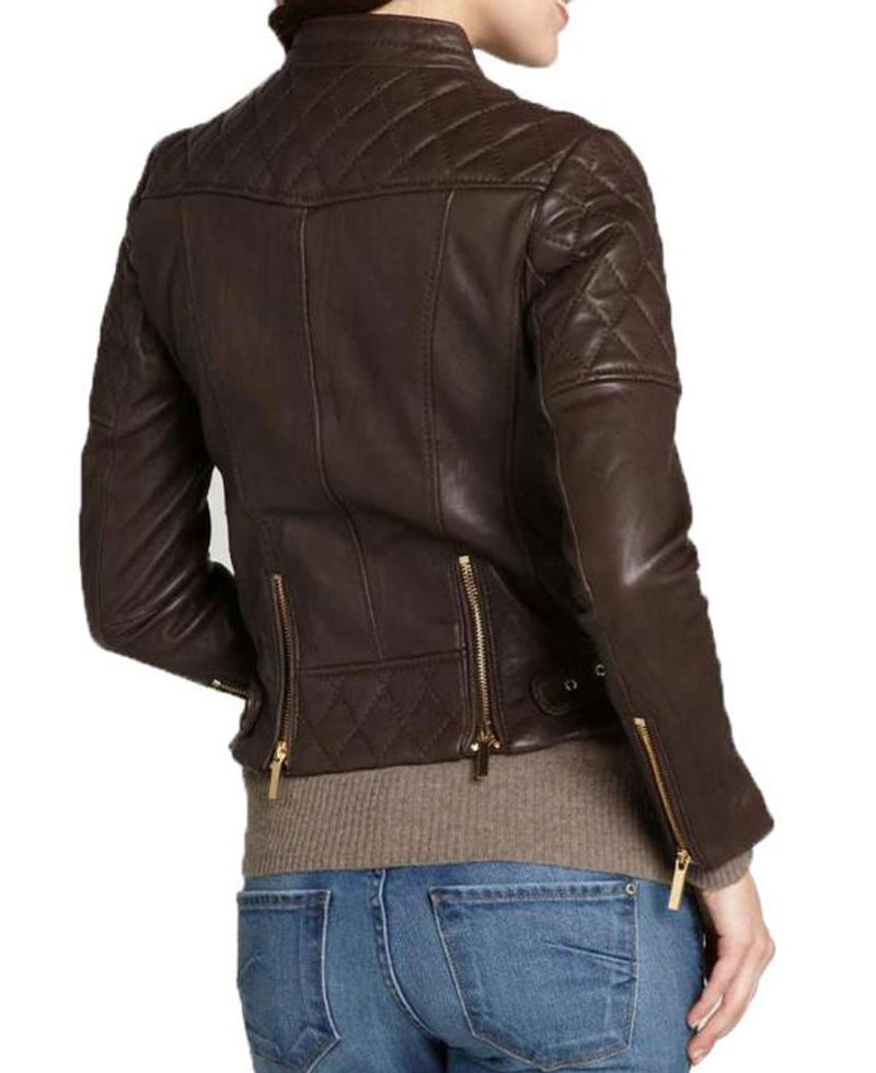 Women's FJ030 Motorcycle Asymmetrical Quilted Brown Leather Jacket Women's FJ030 Motorcycle Asymmetrical Quilted Brown Leather Jacket - Image 2
