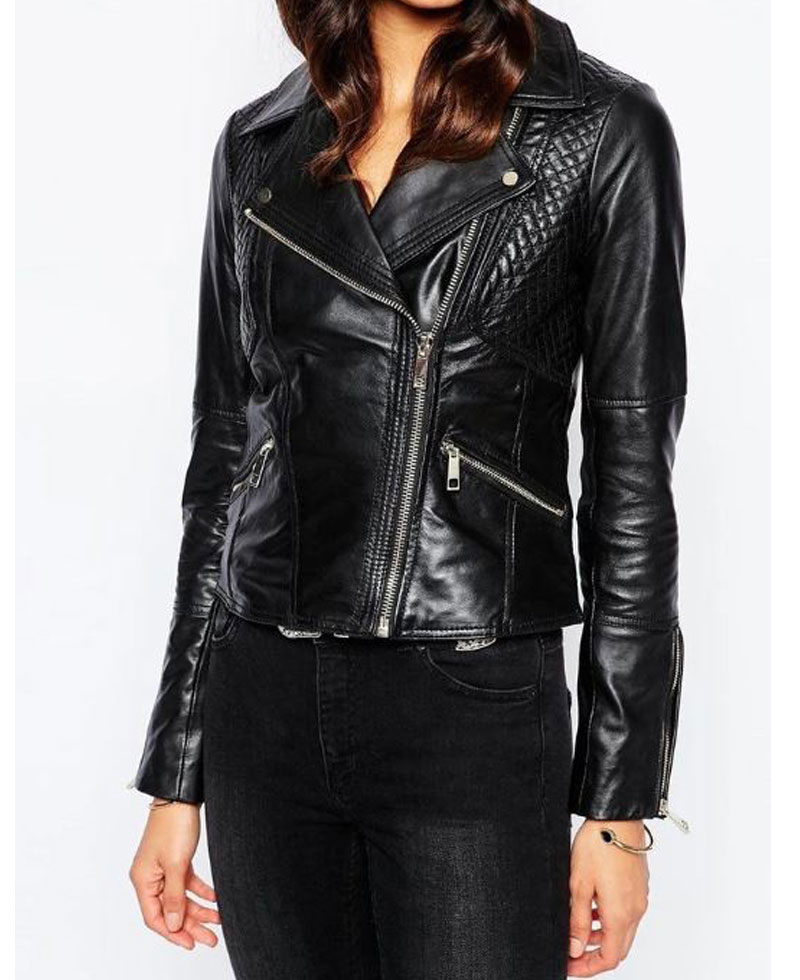 Womens FJ035 Biker Designer Quilted Black Leather Jacket Womens FJ035 Biker Designer Quilted Black Leather Jacket - Image 2