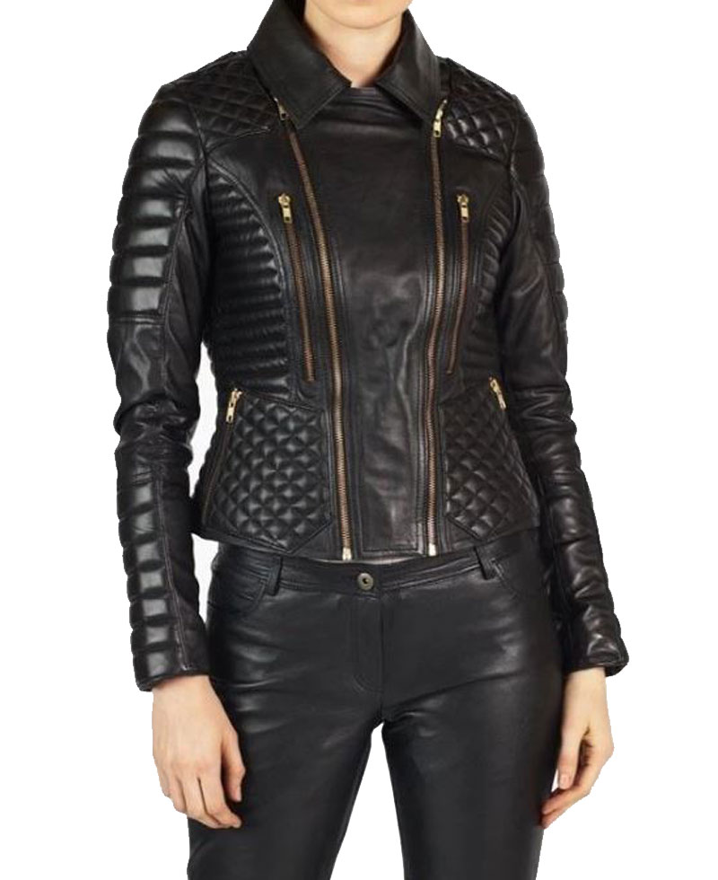 Women's FJ037 Padded and Quilted Motorcycle Black Leather Jacket Women's FJ037 Padded and Quilted Motorcycle Black Leather Jacket - Image 2