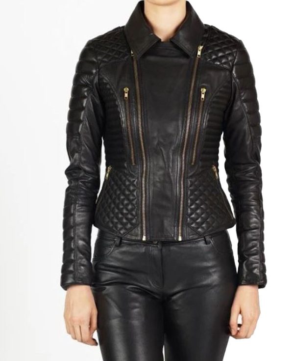 Women's FJ037 Padded and Quilted Motorcycle Black Leather Jacket