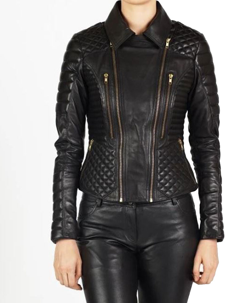 Women's FJ037 Padded and Quilted Motorcycle Black Leather Jacket Women's FJ037 Padded and Quilted Motorcycle Black Leather Jacket