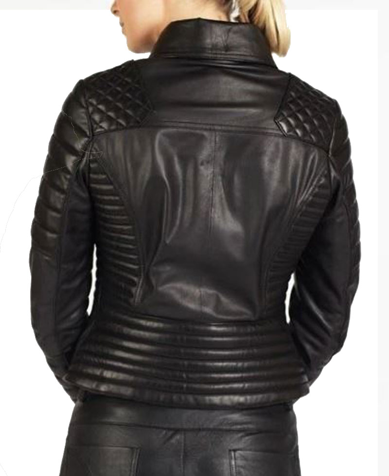 Women's FJ037 Padded and Quilted Motorcycle Black Leather Jacket Women's FJ037 Padded and Quilted Motorcycle Black Leather Jacket - Image 4