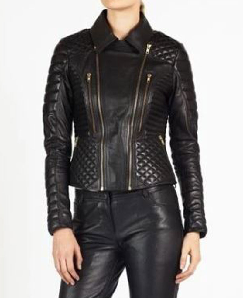 Women's FJ037 Padded and Quilted Motorcycle Black Leather Jacket Women's FJ037 Padded and Quilted Motorcycle Black Leather Jacket - Image 3