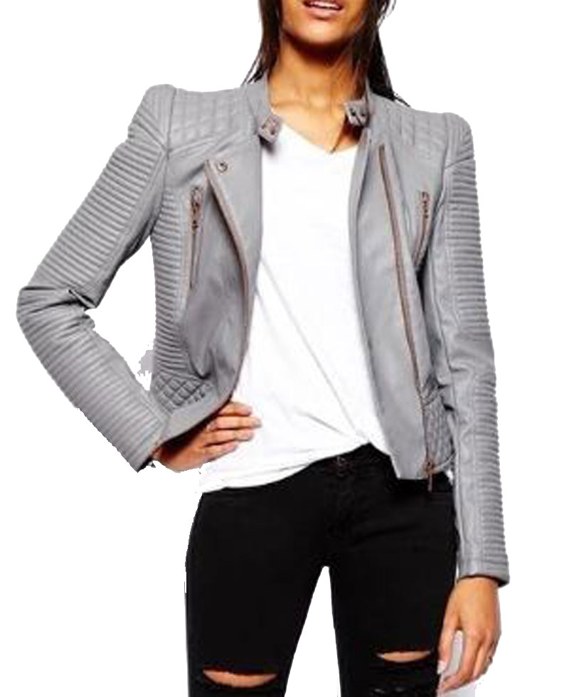 Women's FJ040 Padded Biker Asymmetrical Grey Leather Jacket Women's FJ040 Padded Biker Asymmetrical Grey Leather Jacket - Image 3
