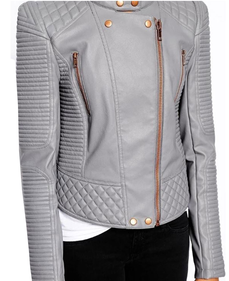 Women's FJ040 Padded Biker Asymmetrical Grey Leather Jacket Women's FJ040 Padded Biker Asymmetrical Grey Leather Jacket - Image 2