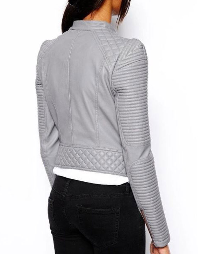 Women's FJ040 Padded Biker Asymmetrical Grey Leather Jacket Women's FJ040 Padded Biker Asymmetrical Grey Leather Jacket - Image 4