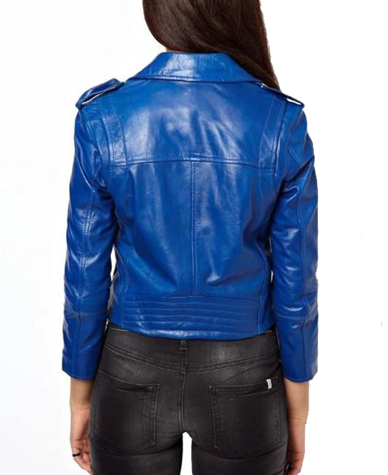 Women's FJ041 Motorcycle Asymmetrical Belted Blue Leather Jacket Women's FJ041 Motorcycle Asymmetrical Belted Blue Leather Jacket - Image 3