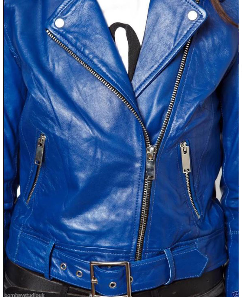 Women's FJ041 Motorcycle Asymmetrical Belted Blue Leather Jacket Women's FJ041 Motorcycle Asymmetrical Belted Blue Leather Jacket - Image 2