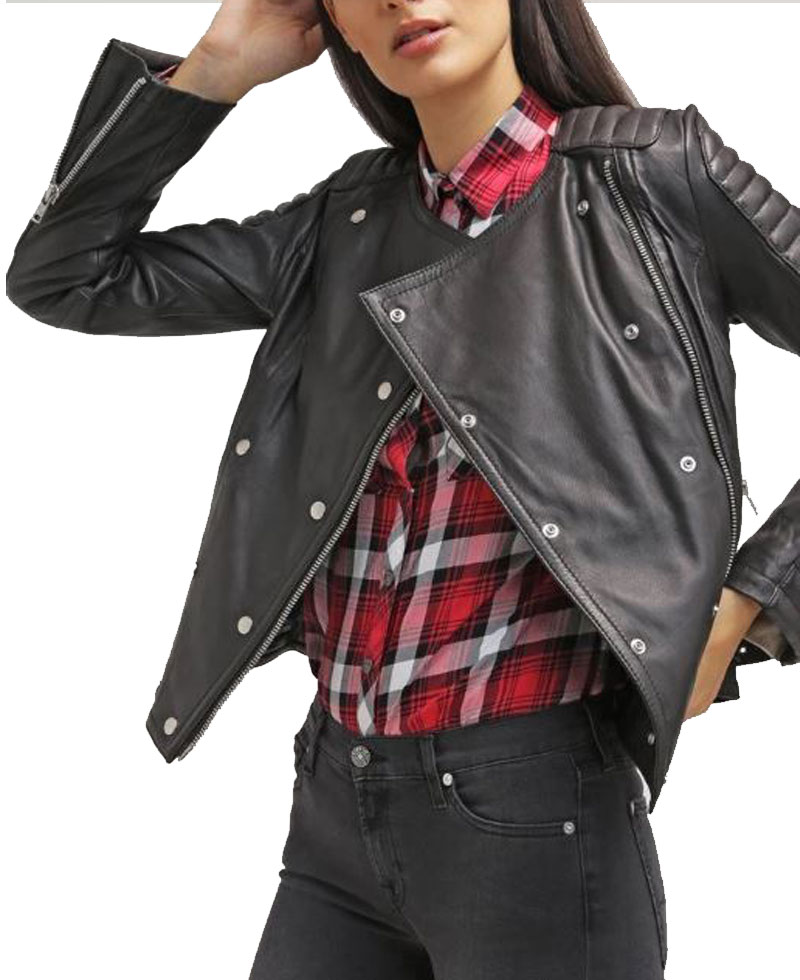 Women's FJ042 Double Breasted Motorcycle Black Leather Jacket Women's FJ042 Double Breasted Motorcycle Black Leather Jacket - Image 6