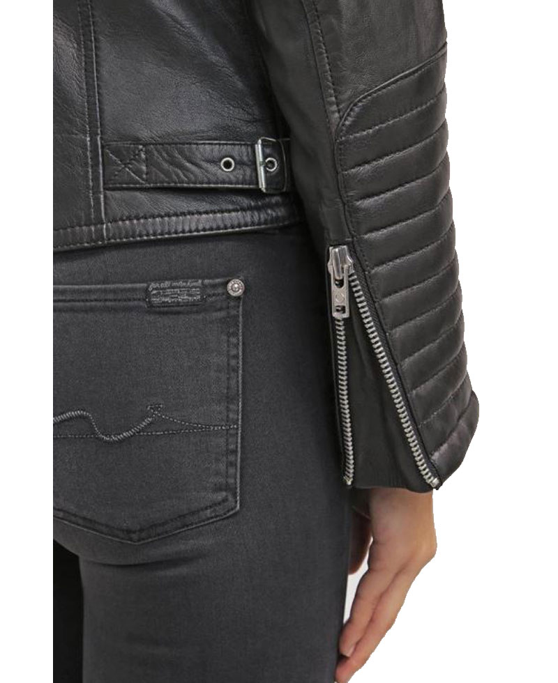 Women's FJ042 Double Breasted Motorcycle Black Leather Jacket Women's FJ042 Double Breasted Motorcycle Black Leather Jacket - Image 3