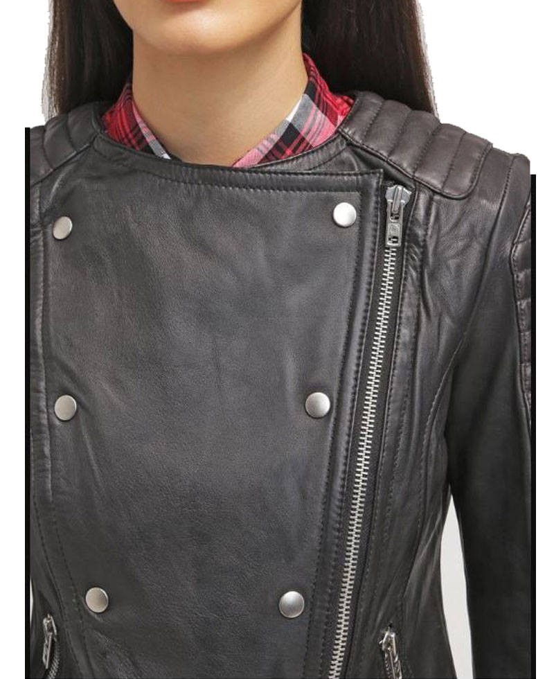 Women's FJ042 Double Breasted Motorcycle Black Leather Jacket Women's FJ042 Double Breasted Motorcycle Black Leather Jacket - Image 7