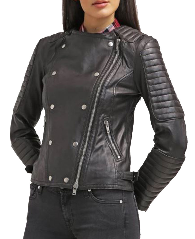 Women's FJ042 Double Breasted Motorcycle Black Leather Jacket Women's FJ042 Double Breasted Motorcycle Black Leather Jacket - Image 4