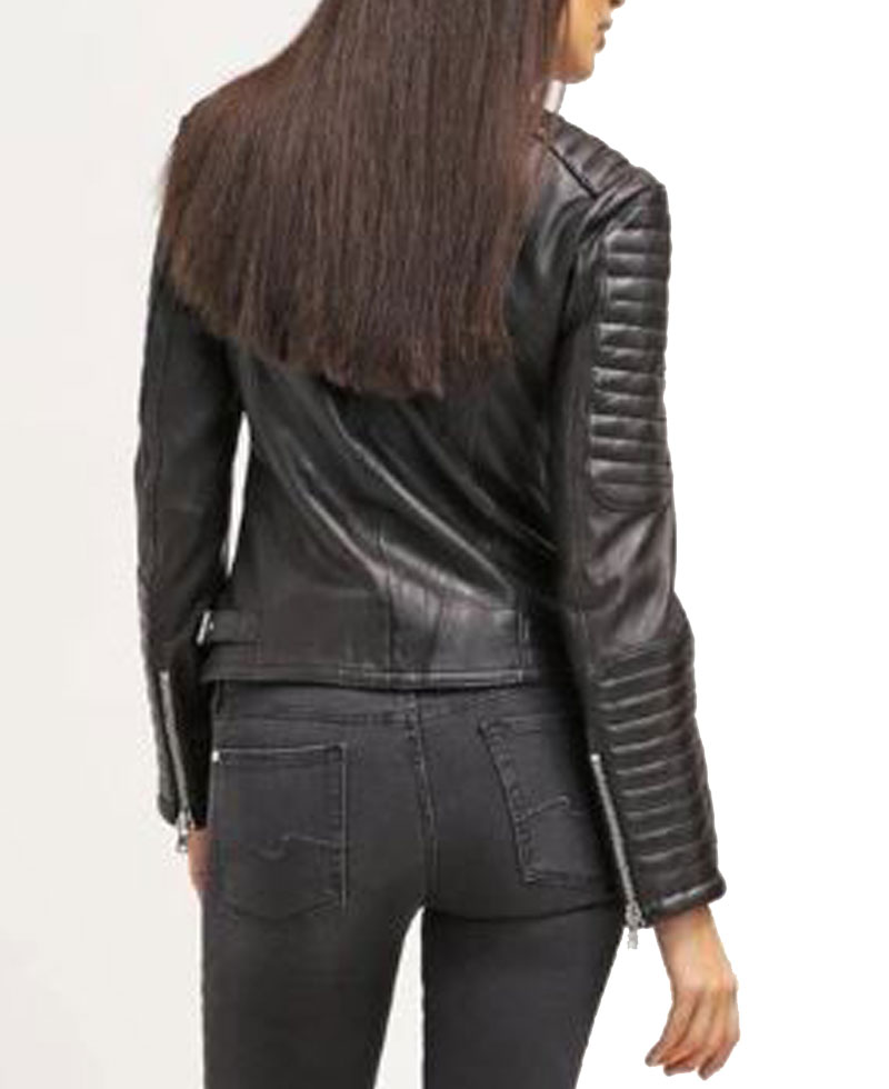 Women's FJ042 Double Breasted Motorcycle Black Leather Jacket Women's FJ042 Double Breasted Motorcycle Black Leather Jacket - Image 8