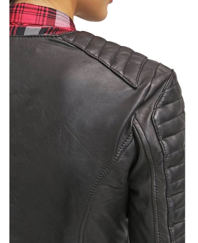 Women's FJ042 Double Breasted Motorcycle Black Leather Jacket Women's FJ042 Double Breasted Motorcycle Black Leather Jacket - Image 2