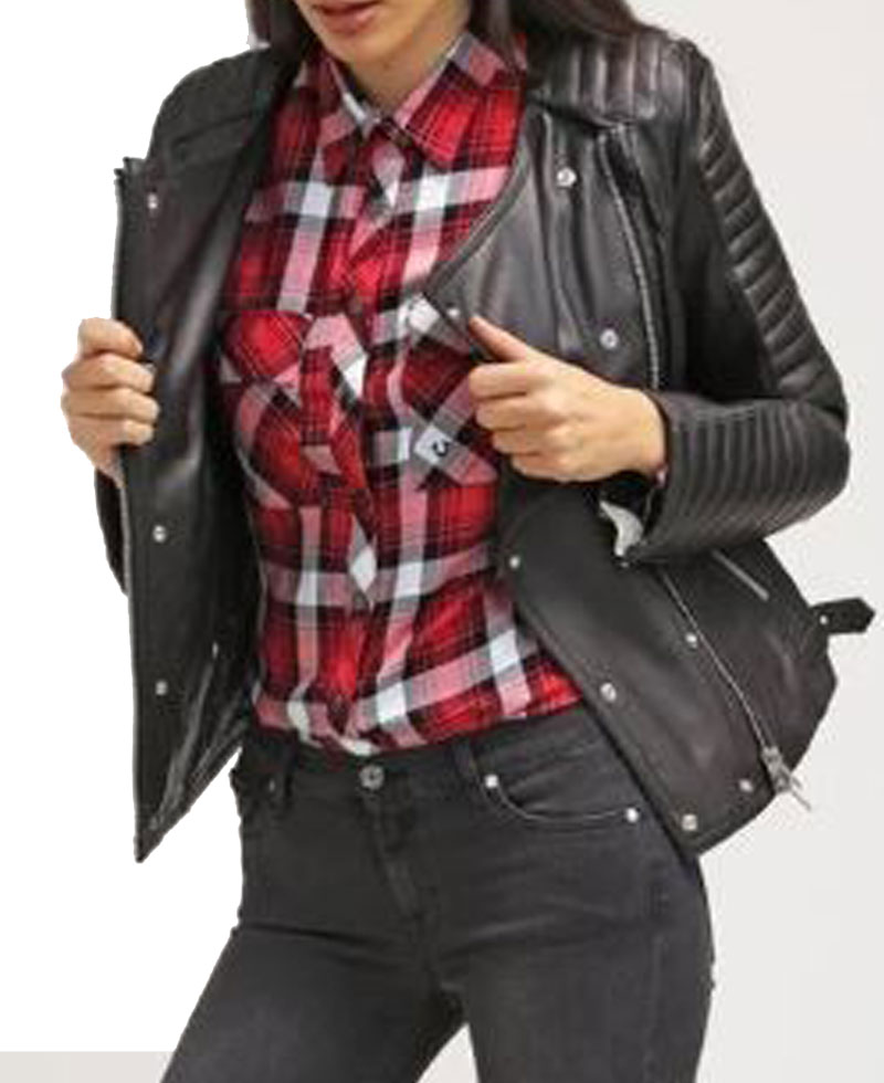 Women's FJ042 Double Breasted Motorcycle Black Leather Jacket Women's FJ042 Double Breasted Motorcycle Black Leather Jacket - Image 5