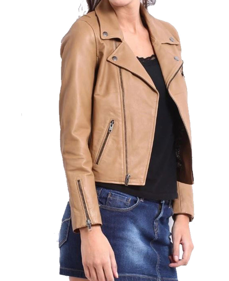 Women's FJ043 Asymmetrical Motorcycle Brown Leather Jacket Women's FJ043 Asymmetrical Motorcycle Brown Leather Jacket - Image 2