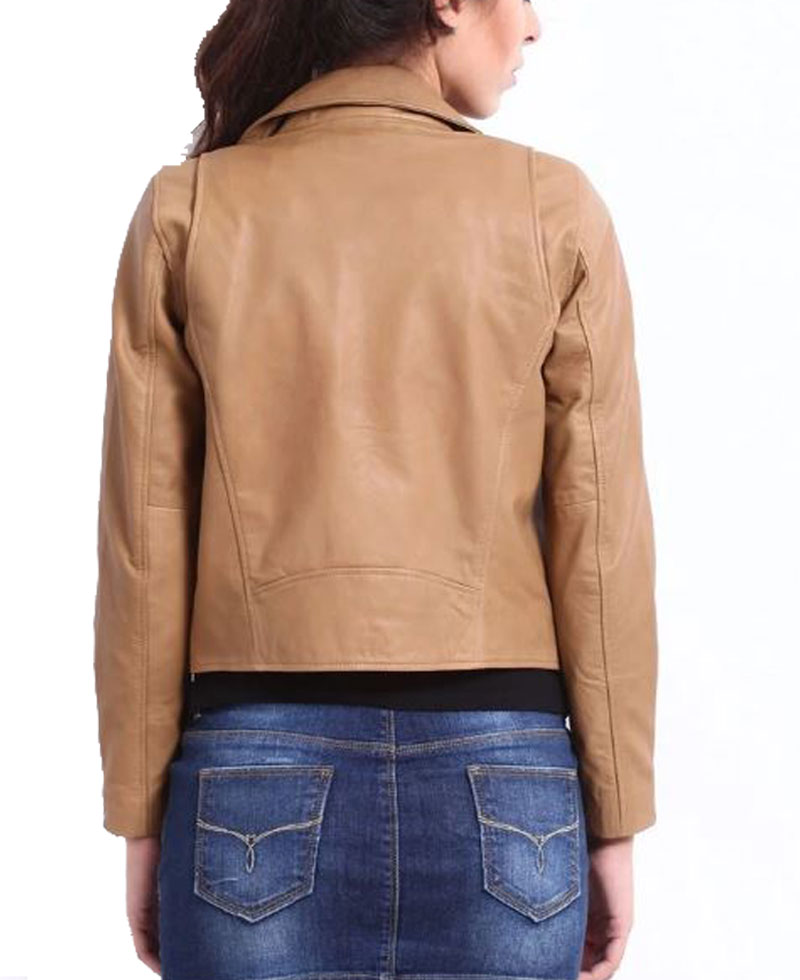 Women's FJ043 Asymmetrical Motorcycle Brown Leather Jacket Women's FJ043 Asymmetrical Motorcycle Brown Leather Jacket - Image 3