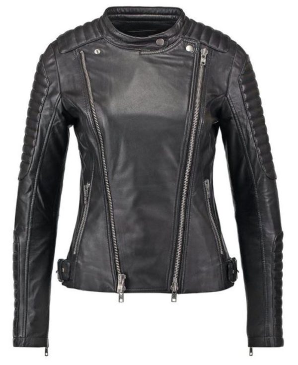 Women's FJ045 Biker Snap Tab Collar Padded Black Leather Jacket