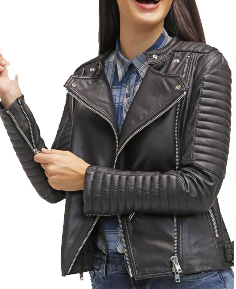 Women's FJ045 Biker Snap Tab Collar Padded Black Leather Jacket Women's FJ045 Biker Snap Tab Collar Padded Black Leather Jacket - Image 6