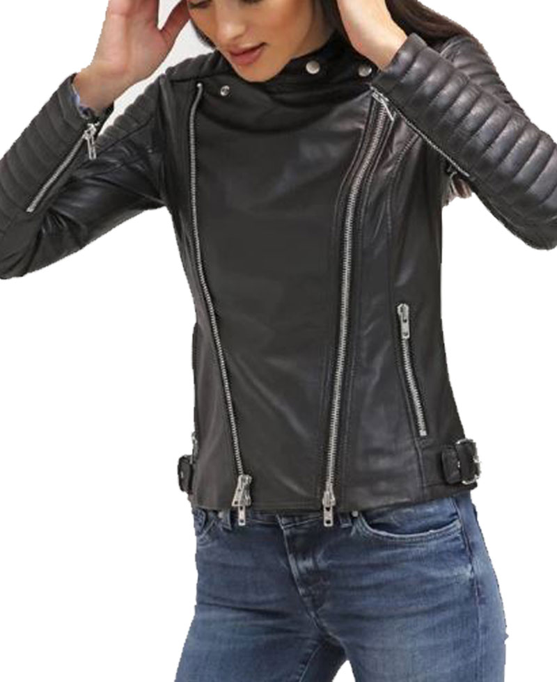 Women's FJ045 Biker Snap Tab Collar Padded Black Leather Jacket Women's FJ045 Biker Snap Tab Collar Padded Black Leather Jacket - Image 4
