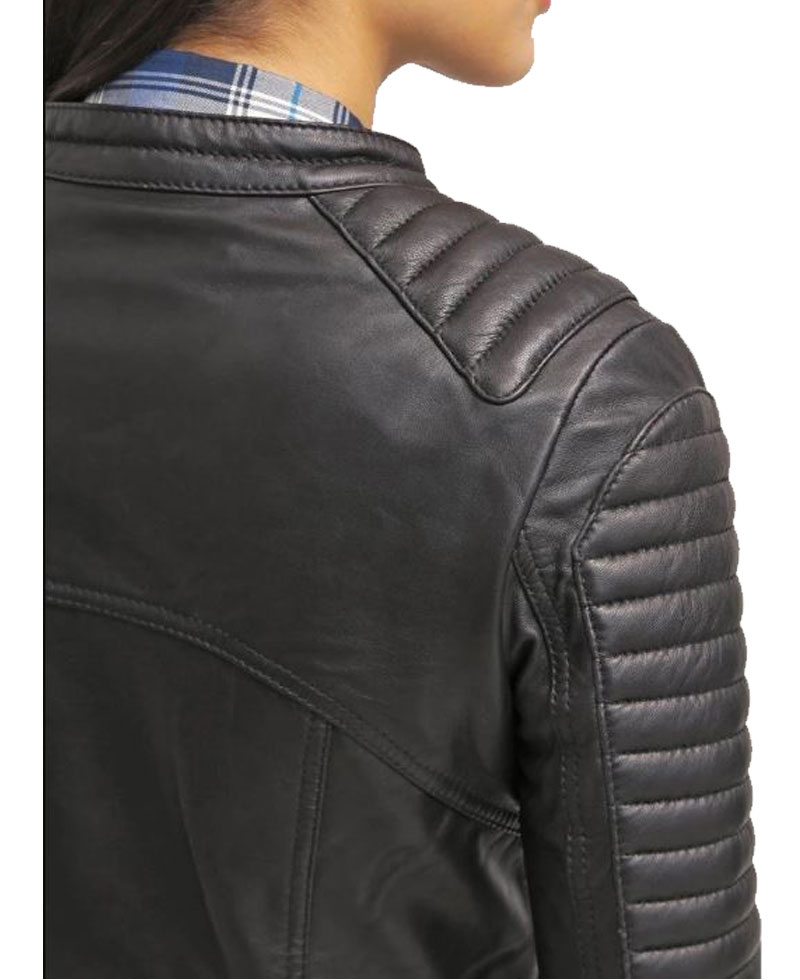 Women's FJ045 Biker Snap Tab Collar Padded Black Leather Jacket Women's FJ045 Biker Snap Tab Collar Padded Black Leather Jacket - Image 2