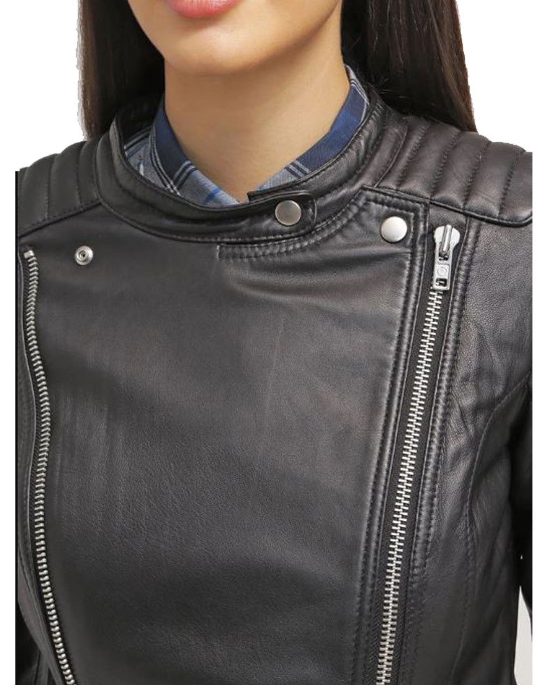 Women's FJ045 Biker Snap Tab Collar Padded Black Leather Jacket Women's FJ045 Biker Snap Tab Collar Padded Black Leather Jacket - Image 3